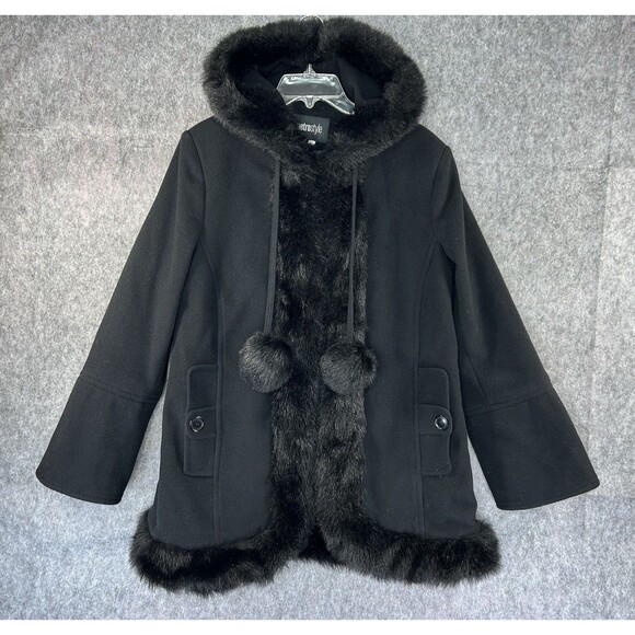Vtg Y2K Metro Style Penny Lane Black Faux Fur Trim Coat Hooded Size 12 (L) - Picture 1 of 12